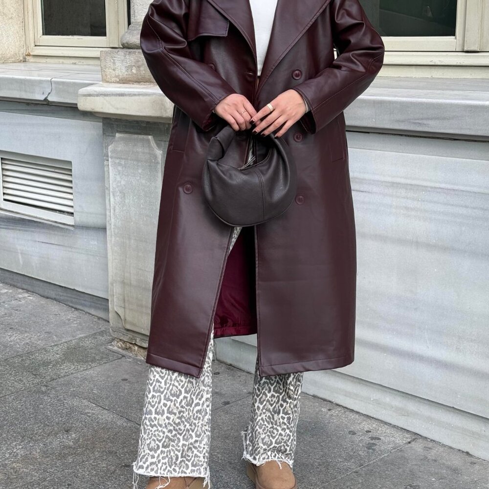Burgundy Plato Faux Leather Buckle Trench Coat - Picture 6 of 11
